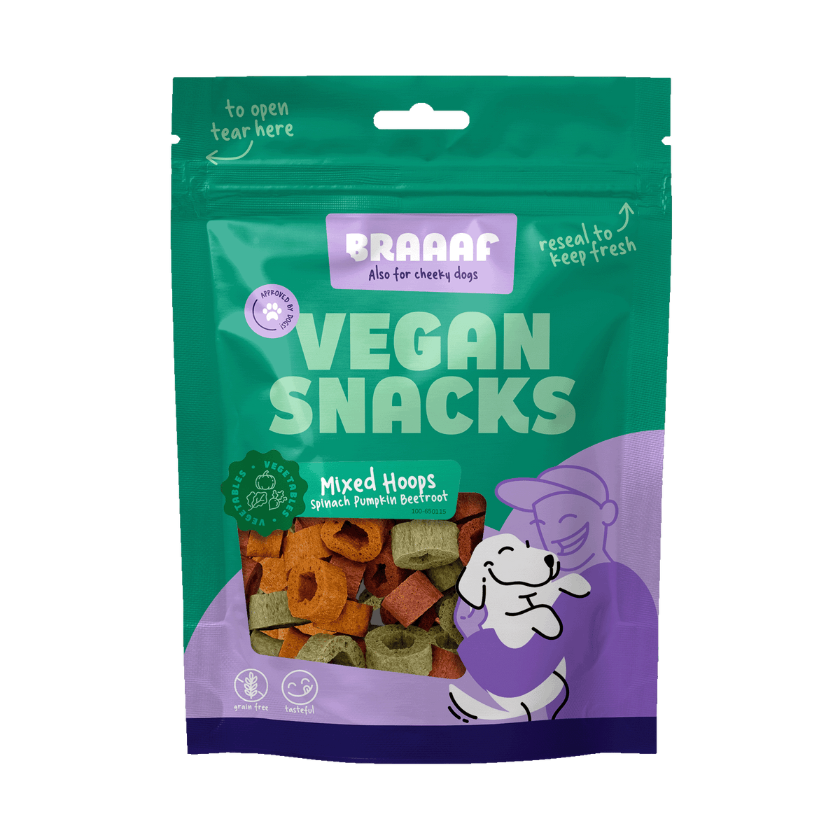 Braaaf Vegan Mix Ringen Spinazie, Pompoen & Biet 80 g – Braaaf hondensnack verpakking