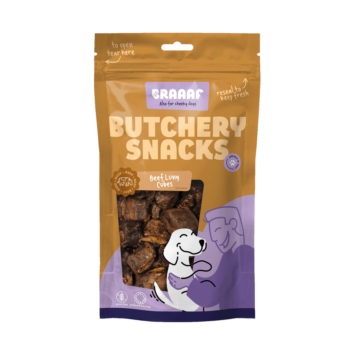 Braaaf Butchery Runderlong Blokjes 85 g – Braaaf hondensnack verpakking