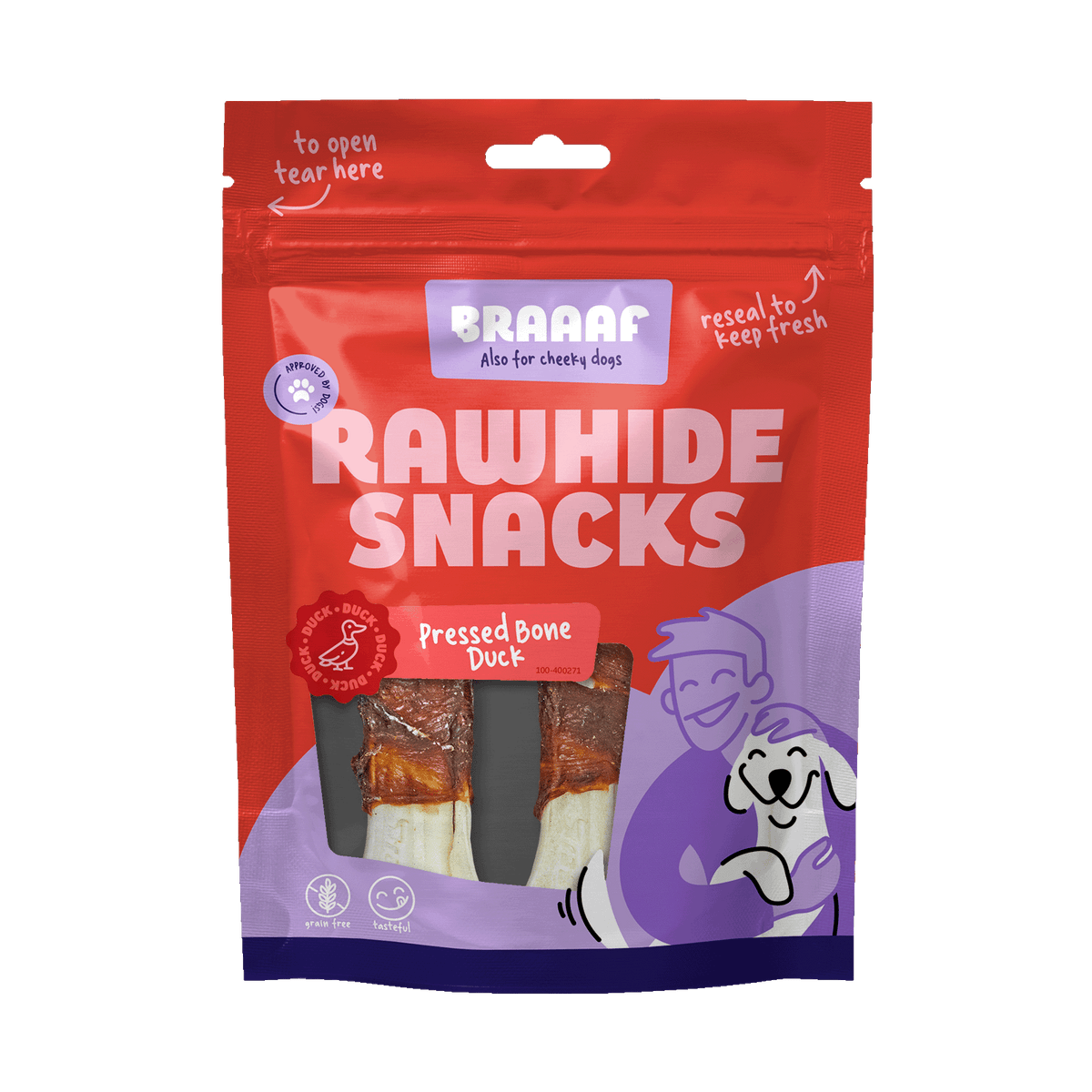 Braaaf Geperst Kauwbot Eend 12,5 cm 2 stuks 130 g – Braaaf hondensnack verpakking