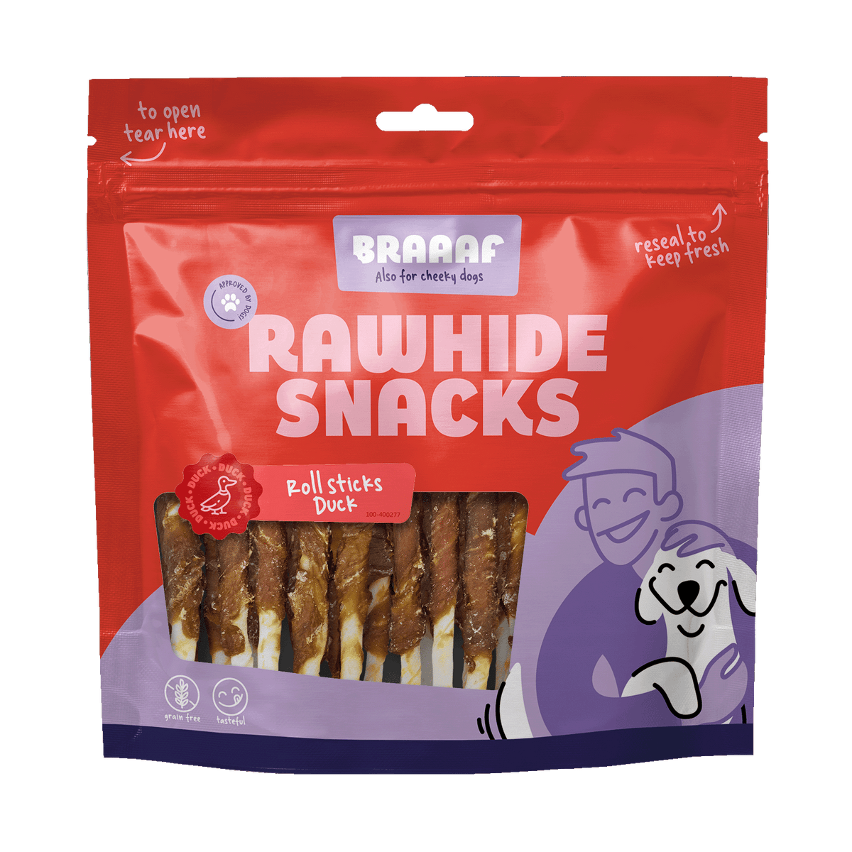 Braaaf Roll Sticks Eend 12 cm 30 stuks 280 g – Braaaf hondensnack verpakking