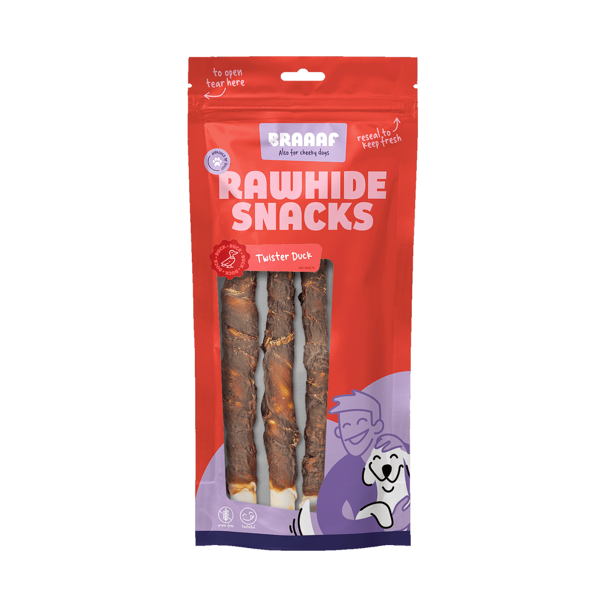 Braaaf Twister Eend 25 cm 3 stuks 220 g – Braaaf hondensnack verpakking