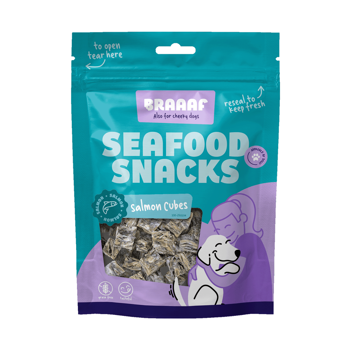 Braaaf Zalmblokjes 1,5 × 1,5 cm 70 g – Braaaf hondensnack verpakking