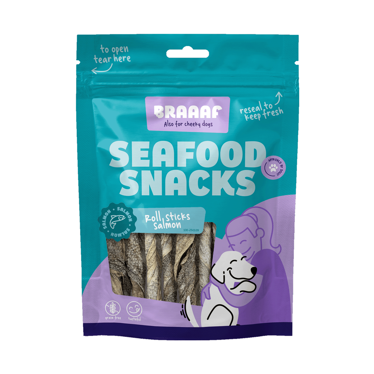 Braaaf Zalm Roll Sticks 12 cm 70 g – Braaaf hondensnack verpakking