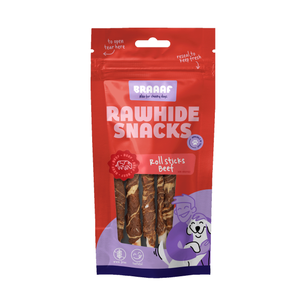 Braaaf Roll Sticks Rund & Vis 12 cm 8 stuks 80 g – Braaaf hondensnack verpakking