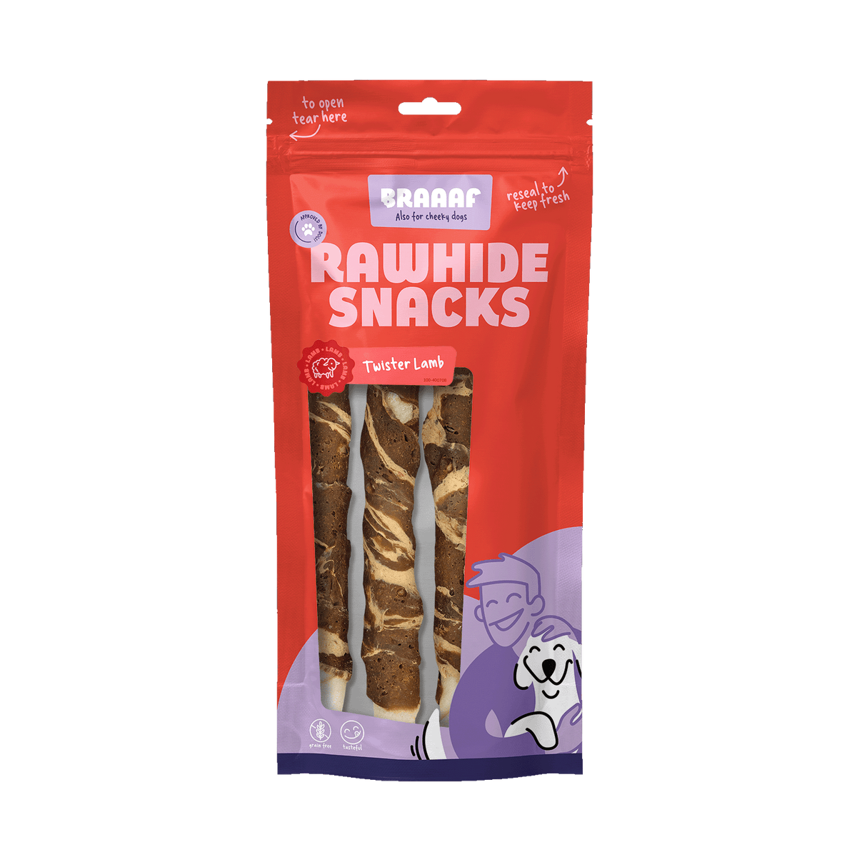 Braaaf Twister Lam & Vis 21 cm 3 stuks 180 g – Braaaf hondensnack verpakking