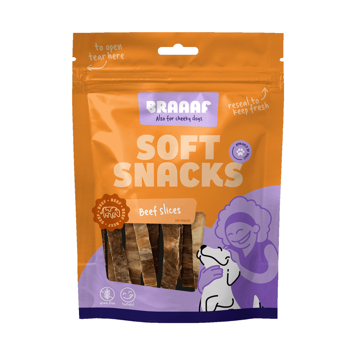 Braaaf Rundsteak Reep met Vis 12 cm 85 g – Braaaf hondensnack verpakking