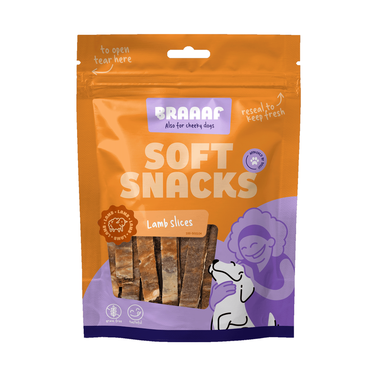Braaaf Lamsteak Reep met Vis 12 cm 85 g – Braaaf hondensnack verpakking