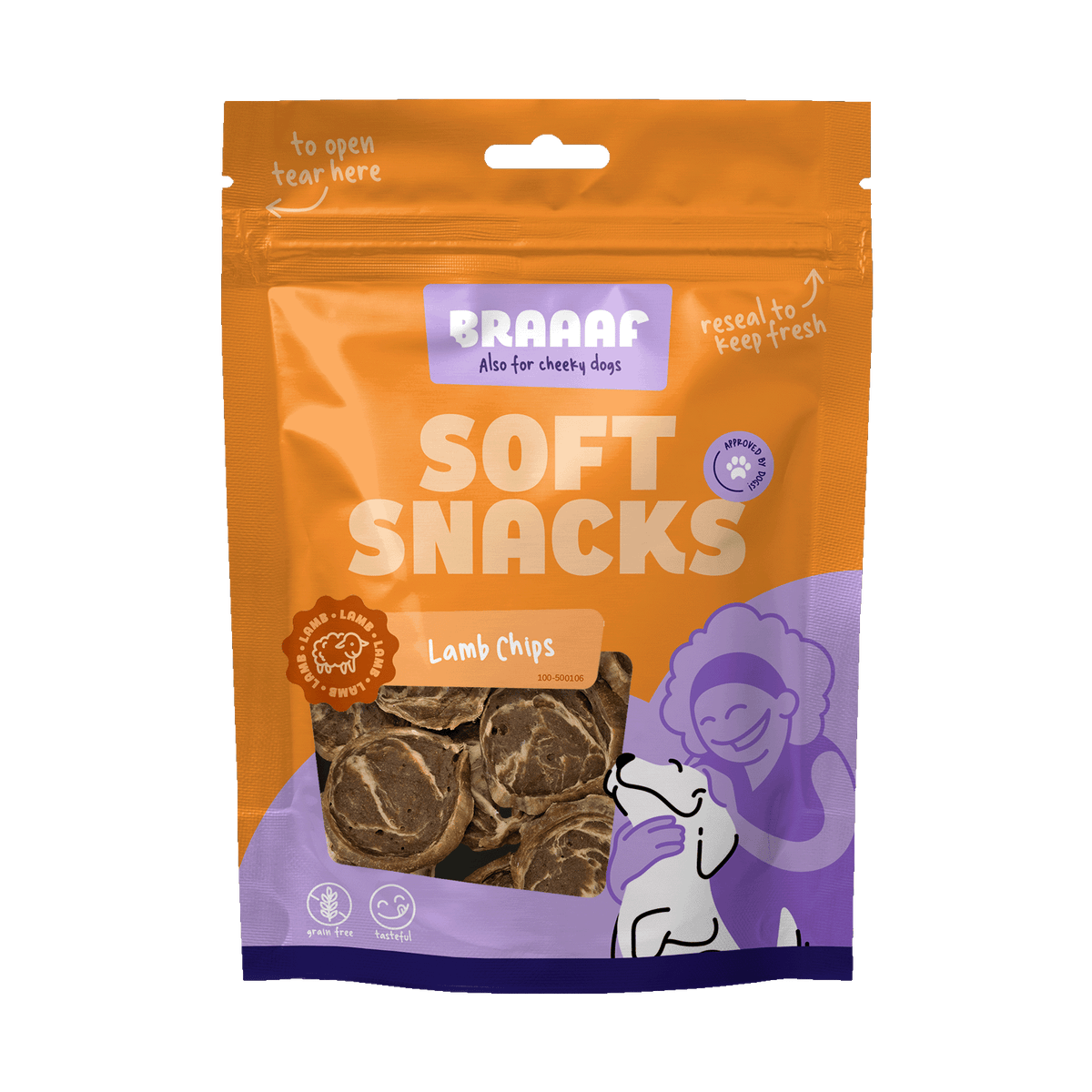 Braaaf Lamsteak Chips met Vis 85 g – Braaaf hondensnack verpakking