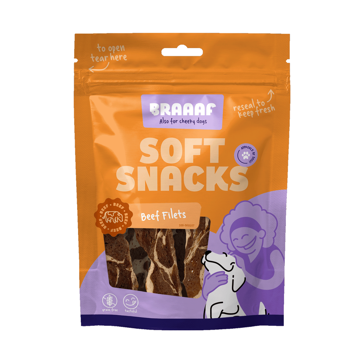 Braaaf Rundsteak Filet met Vis 12 cm 85 g – Braaaf hondensnack verpakking