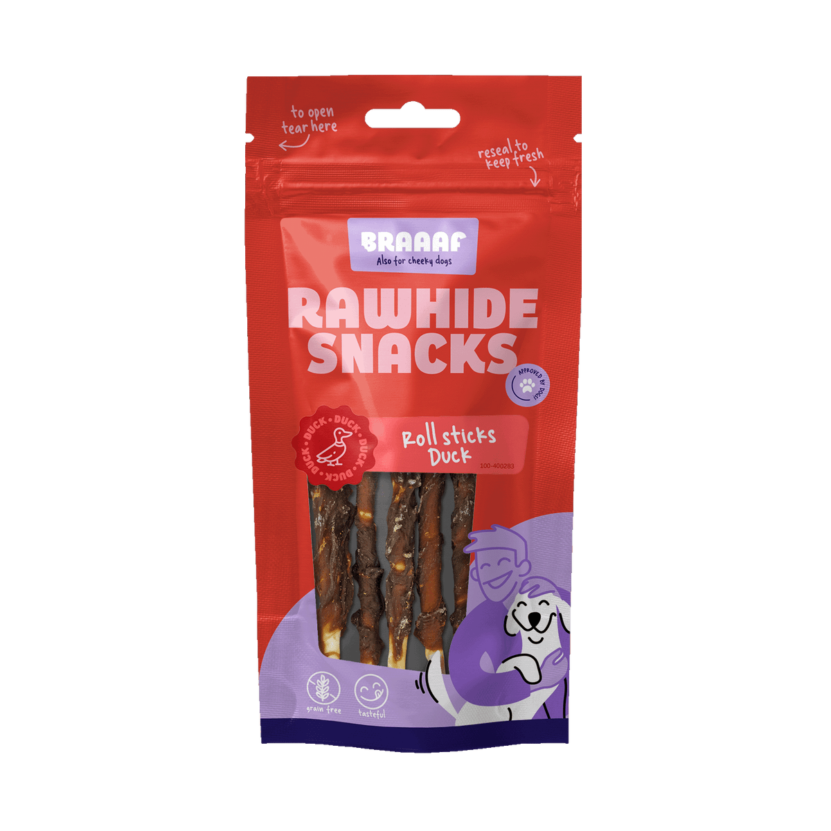 Braaaf Roll Sticks Eend 12 cm 8 stuks 80 g – Braaaf hondensnack verpakking