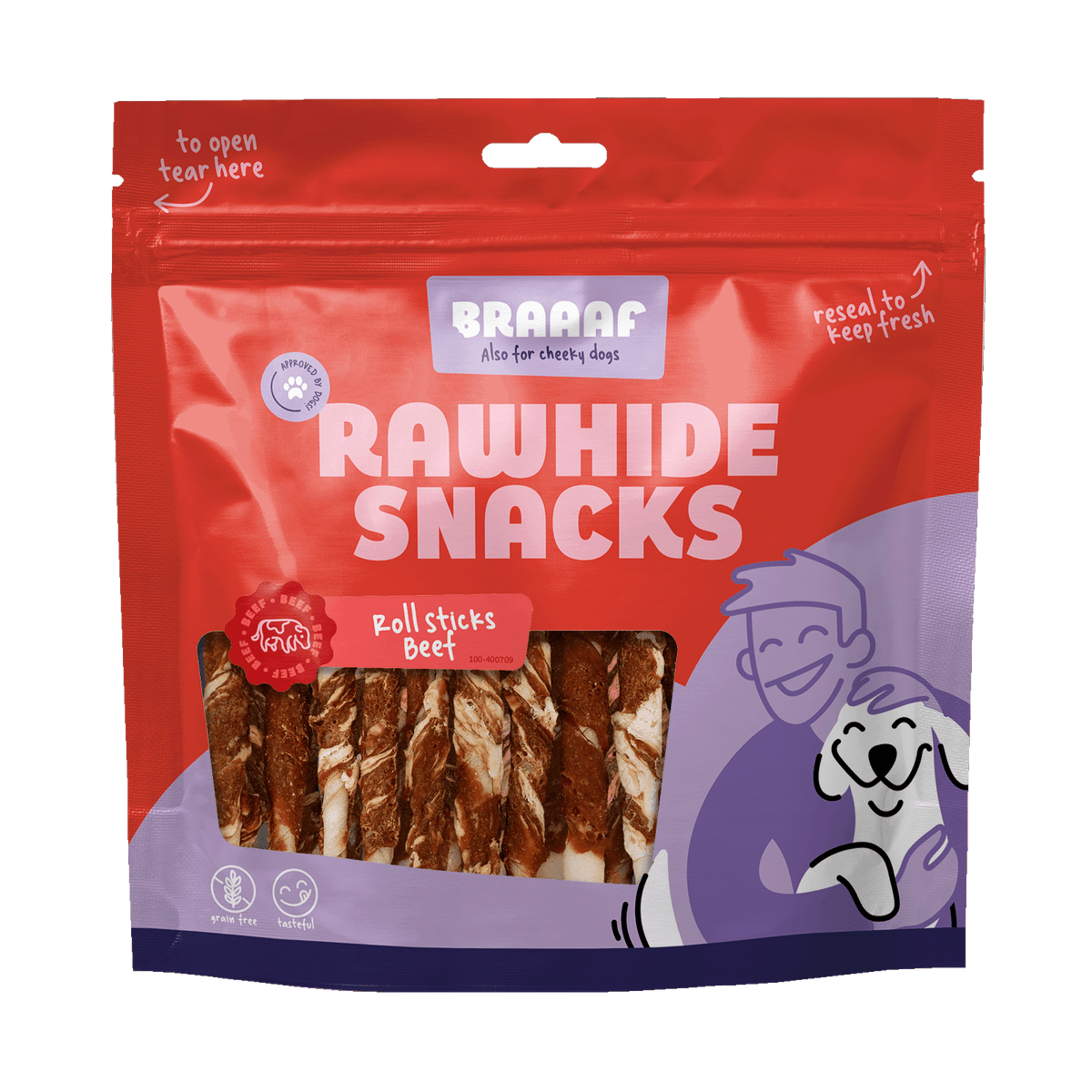 Braaaf Roll Sticks Rund & Vis 12 cm 25 stuks 250 g – Braaaf hondensnack verpakking