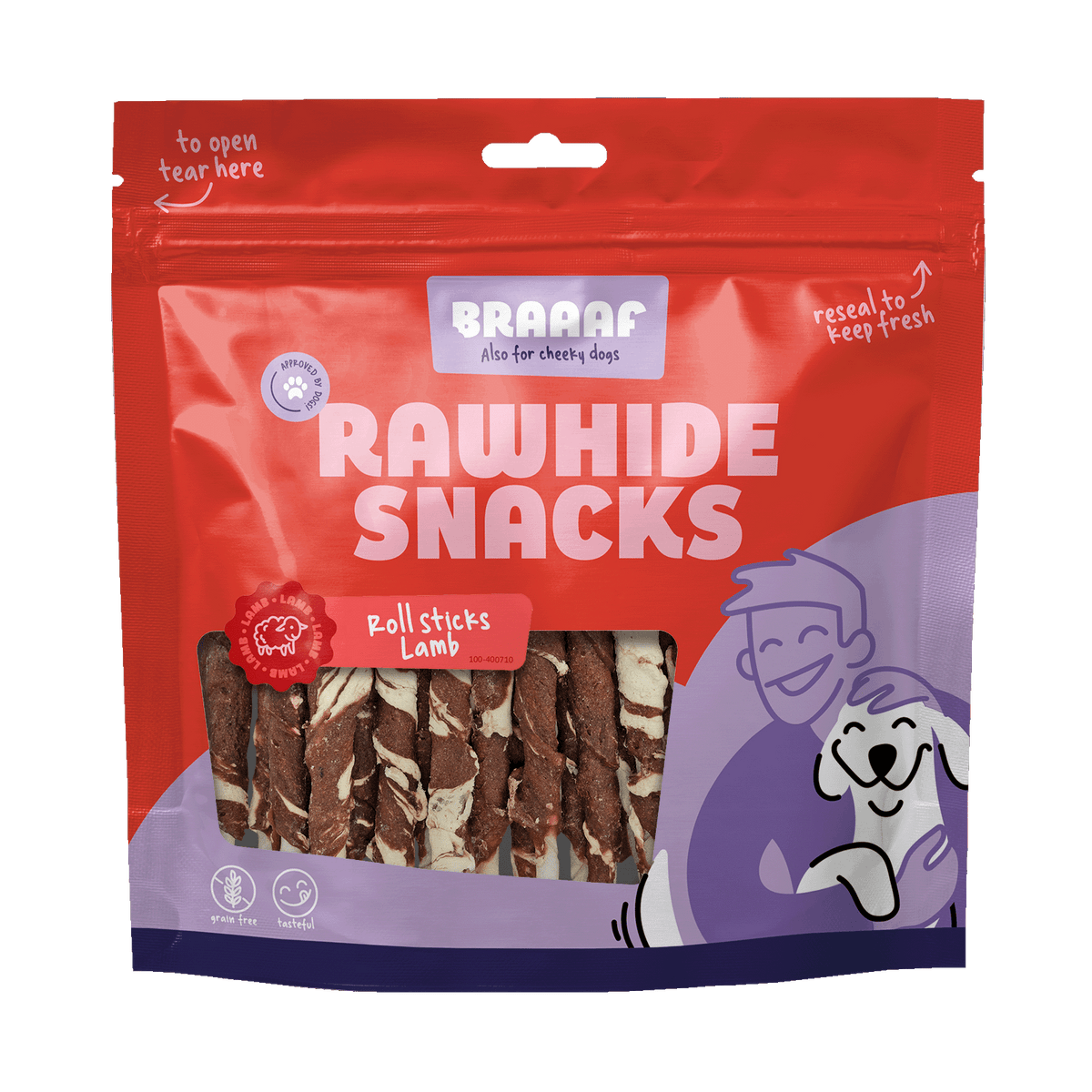 Braaaf Roll Sticks Lam & Vis 12 cm 25 stuks 250 g – Braaaf hondensnack verpakking
