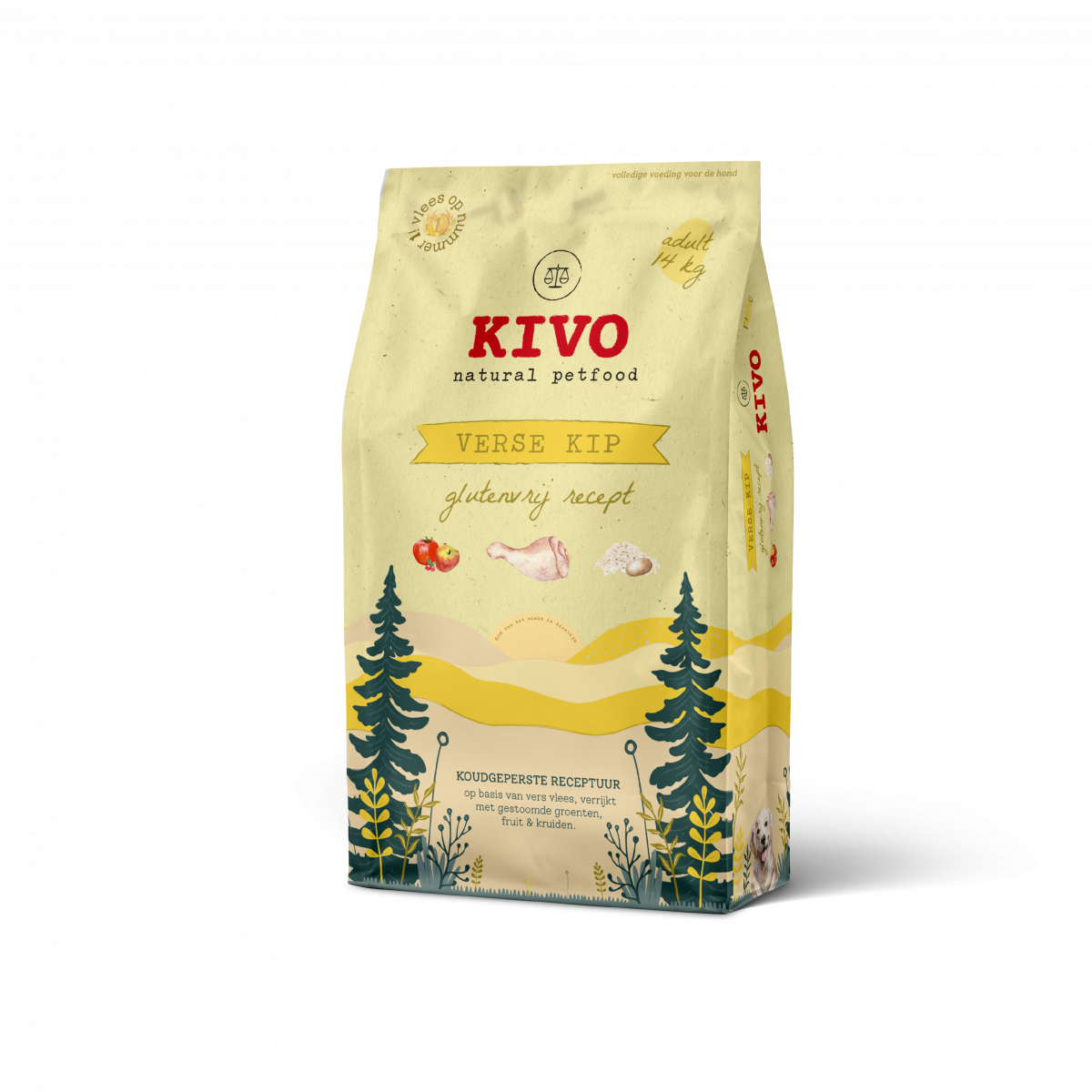 Kivo Verse Kip Glutenvrij 14 kg koudgeperste hondenbrokken verpakking