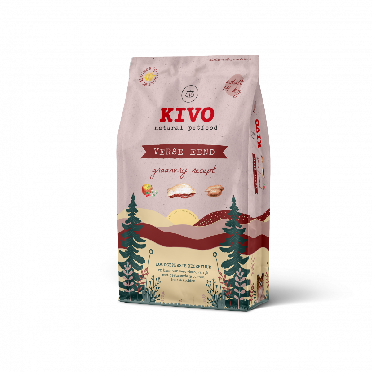 Kivo Verse Eend Graanvrij 14 kg koudgeperste hondenbrokken verpakking