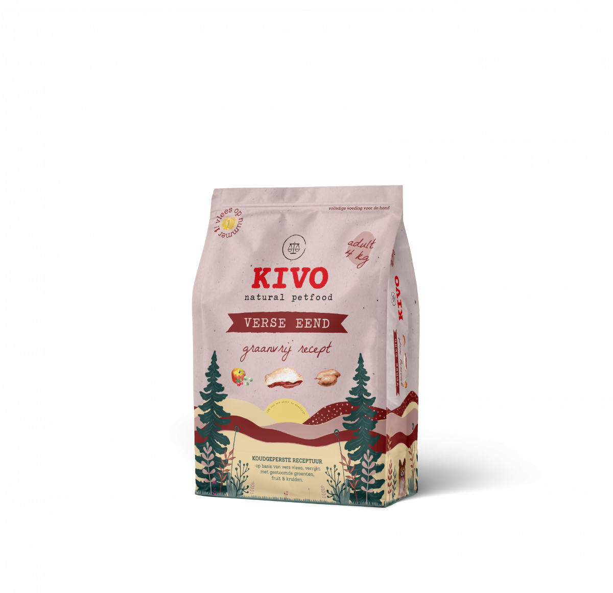Kivo Verse Eend Graanvrij 4 kg koudgeperste hondenbrokken verpakking