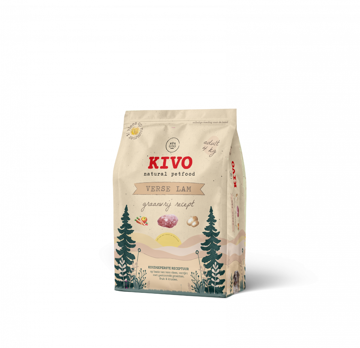 Kivo Verse Lam Graanvrij 4 kg koudgeperste hondenbrokken verpakking