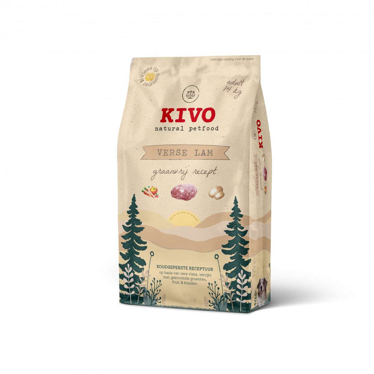 Kivo Verse Lam Graanvrij 14 kg koudgeperste hondenbrokken verpakking